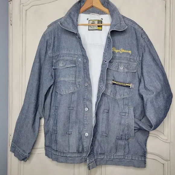 VTG Pepe Jeans Co. Mens Industrial Grade Denim Logo Embellished Jean Jacket✨️2XL - Picture 5 of 15